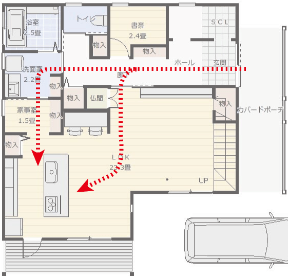 2Way（2通り）のキッチンへ行く動線