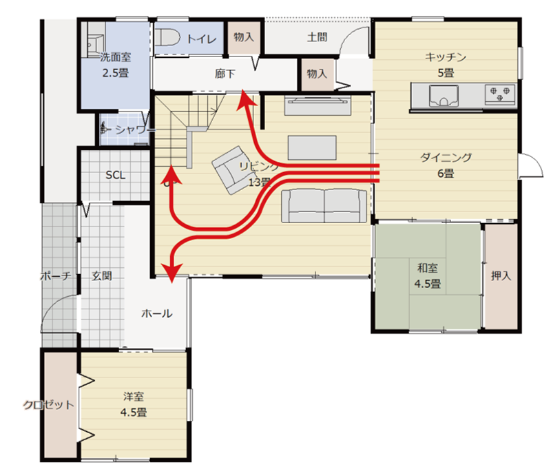 ただの通り道になっているリビングの動線