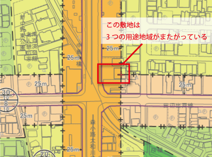 用途地域が3つまたがっている例